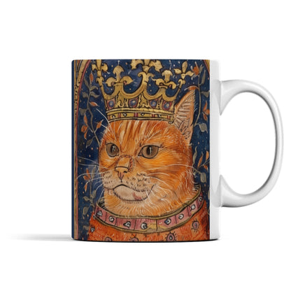 Cat Mug: Medieval Manuscript, Cat with Crown, Borderless Design