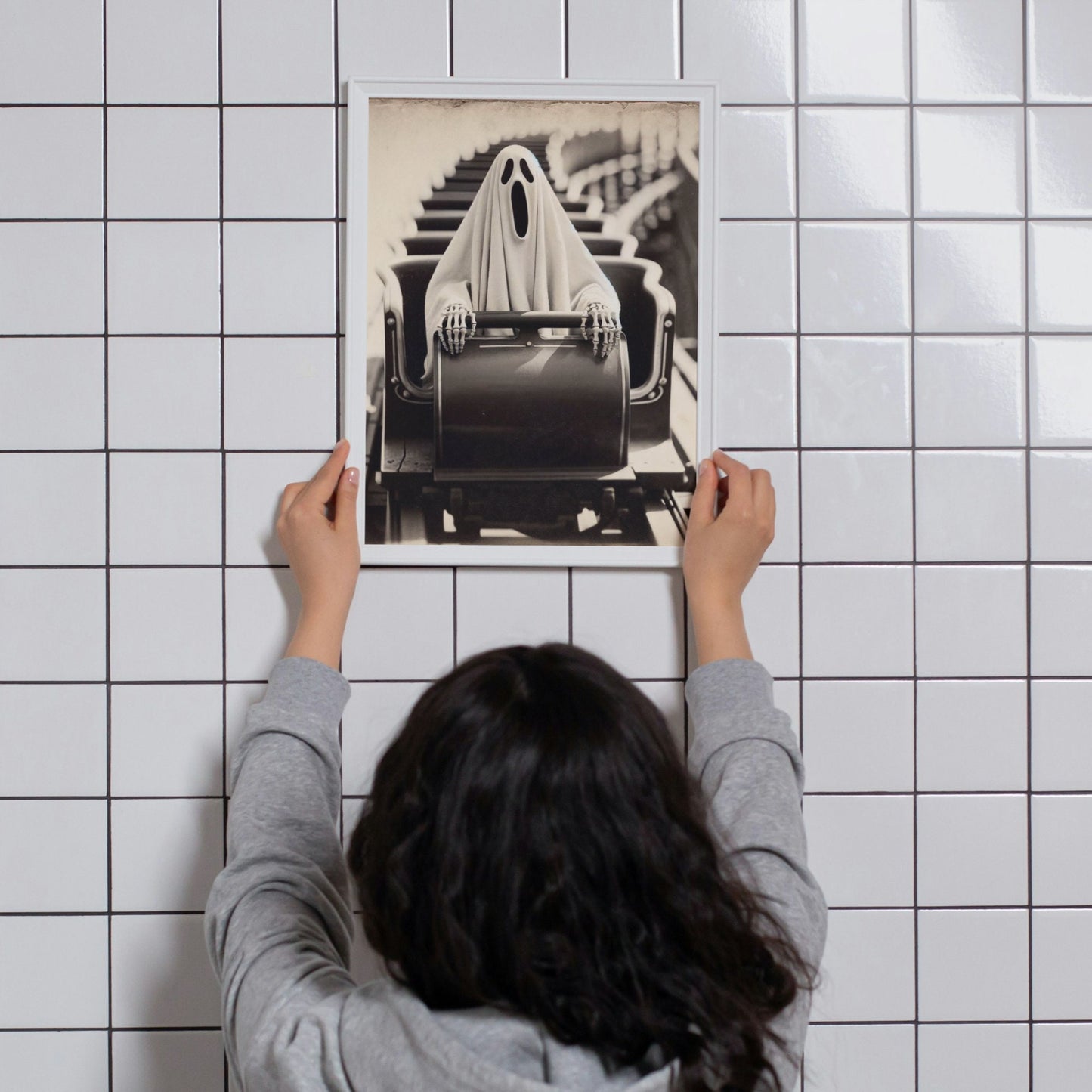 Vintage Ghost Riding Rollercoaster Print: Spooky Theme Park Art