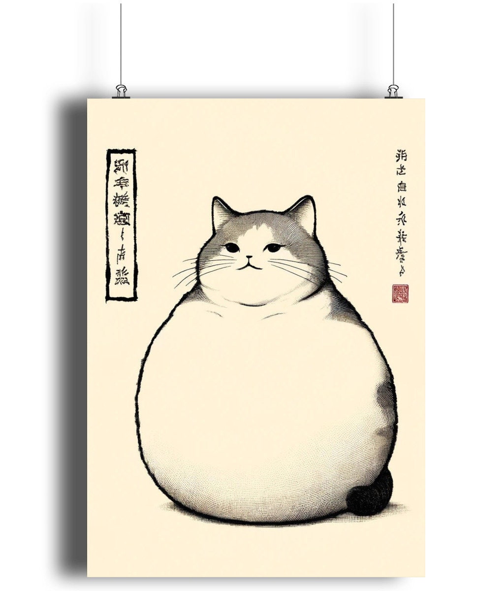 Japanese Cat Art Print: Matsumoto Hoji Style, Wabi Sabi Decor