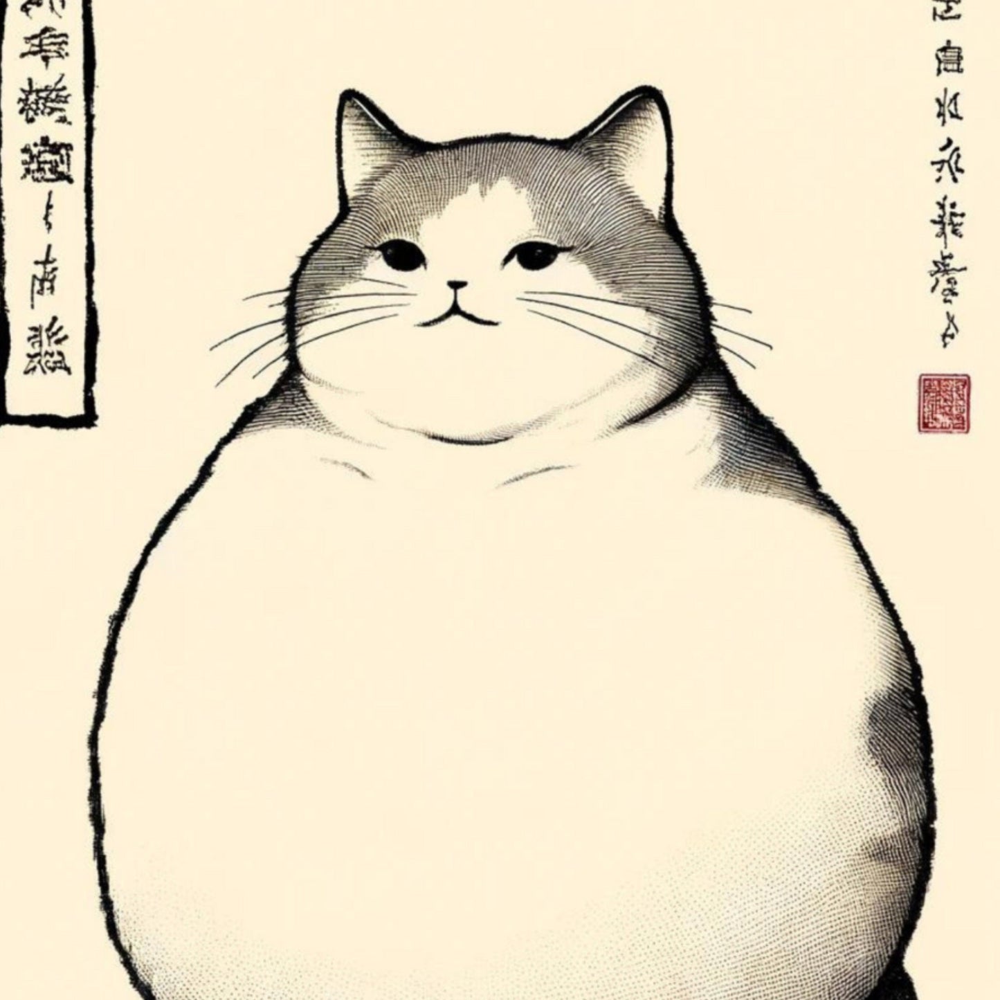 Japanese Cat Art Print: Matsumoto Hoji Style, Wabi Sabi Decor