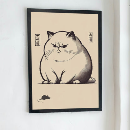 Japanese style unimpressed cat print displayed on a light-coloured wall in a minimalist living room setting.