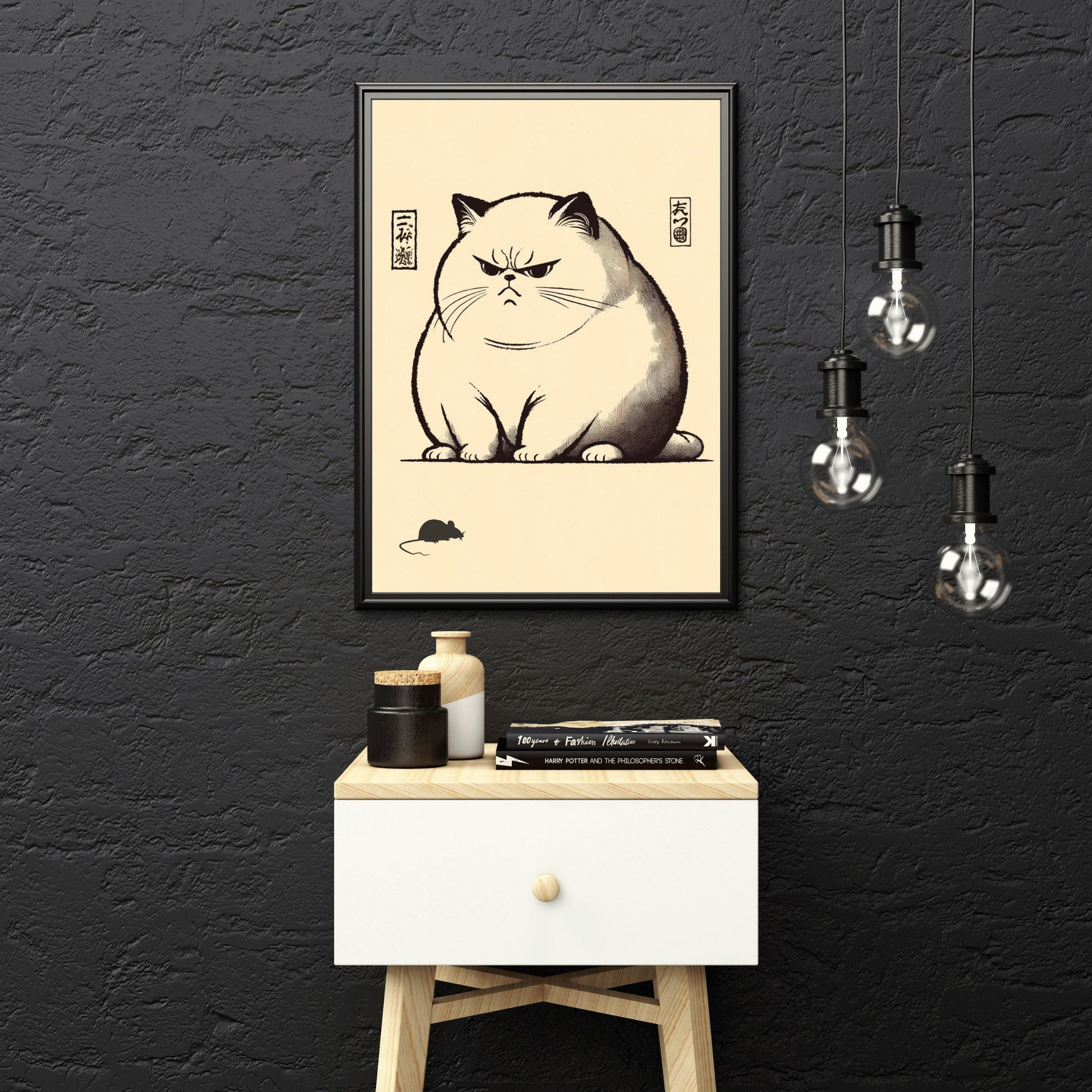 Detail of unimpressed cat’s face showing half-closed eyes and dry, sarcastic expression in Japanese-inspired design.