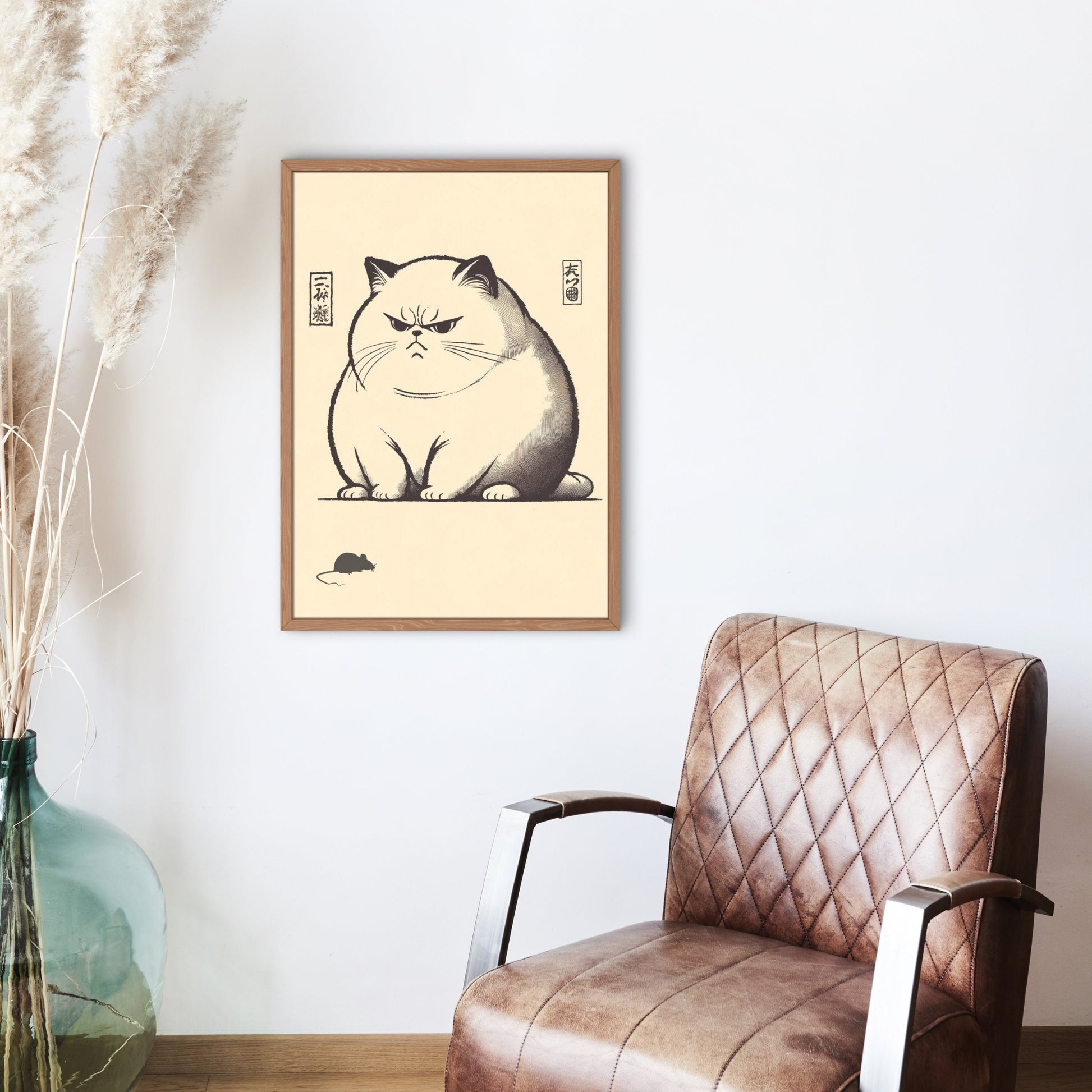 Japanese wall art, cat lover gift, shown in lounge setting.