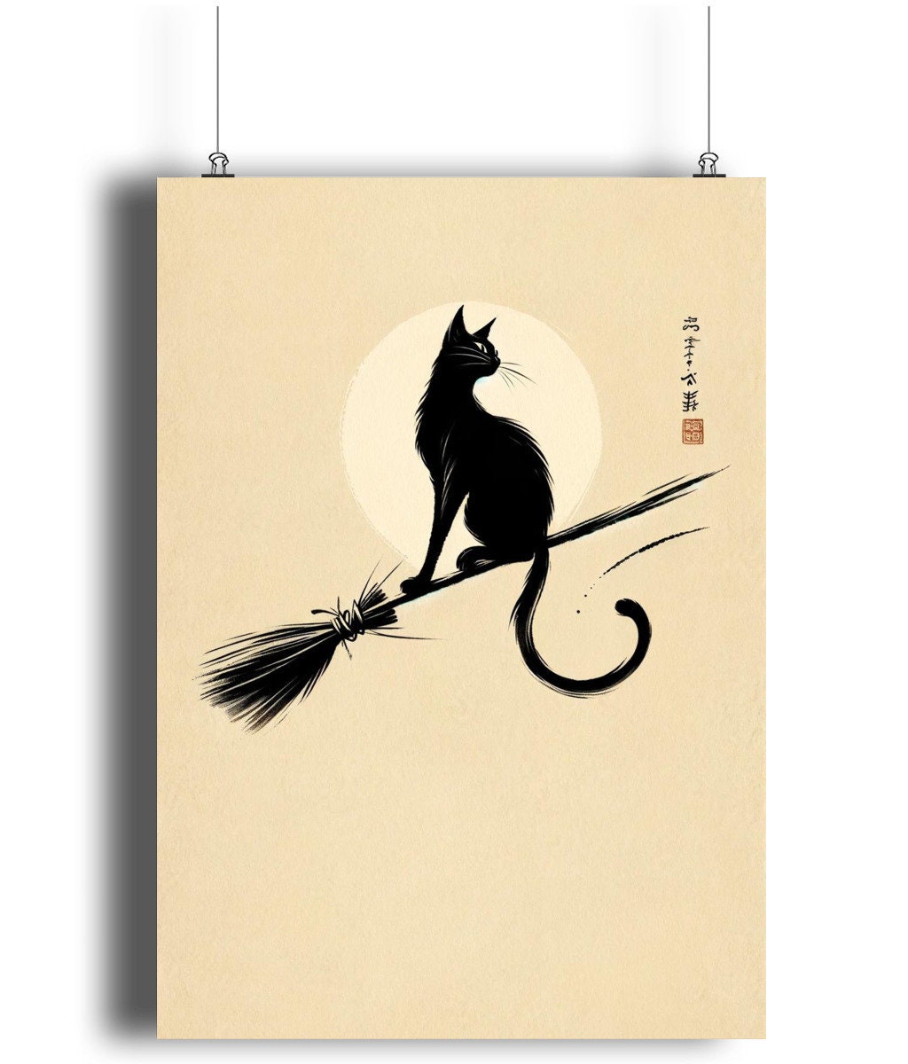 Black Cat on Broomstick Art Print: Japanese Zen Witch Decor