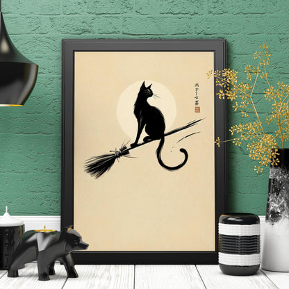 Black Cat on Broomstick Art Print: Japanese Zen Witch Decor