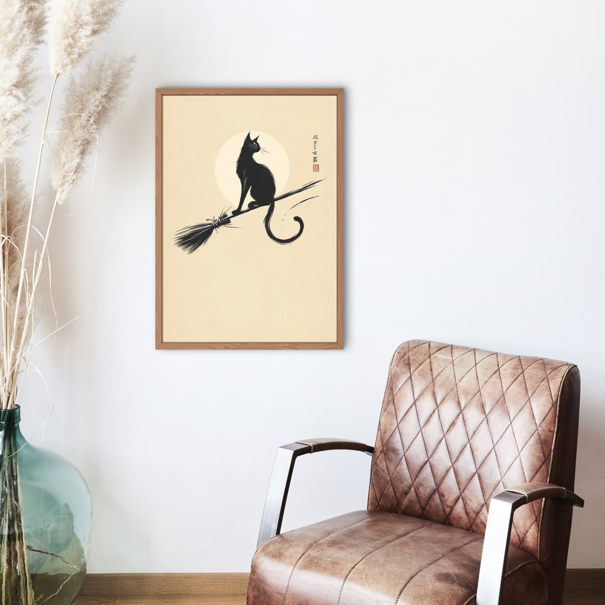 Black Cat on Broomstick Art Print: Japanese Zen Witch Decor