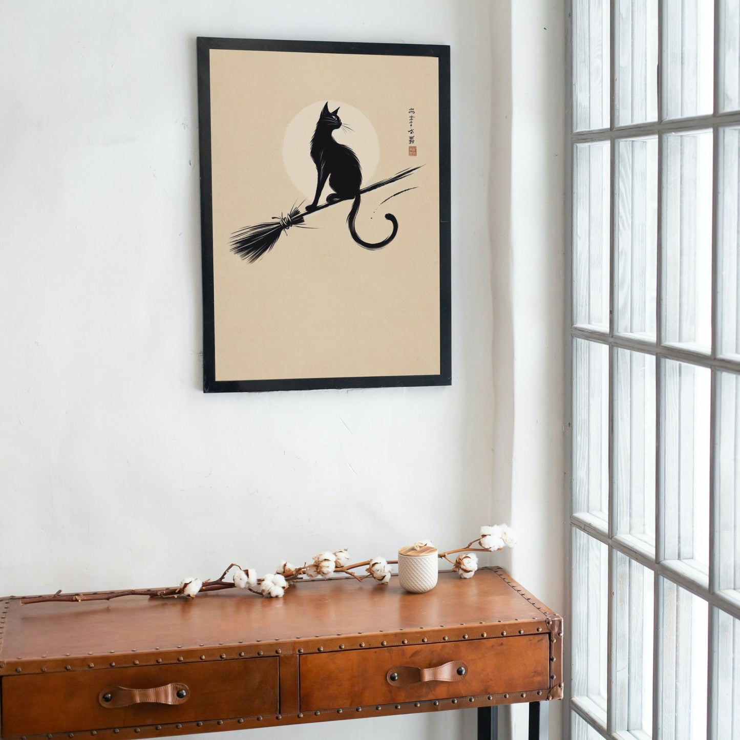 Black Cat on Broomstick Art Print: Japanese Zen Witch Decor