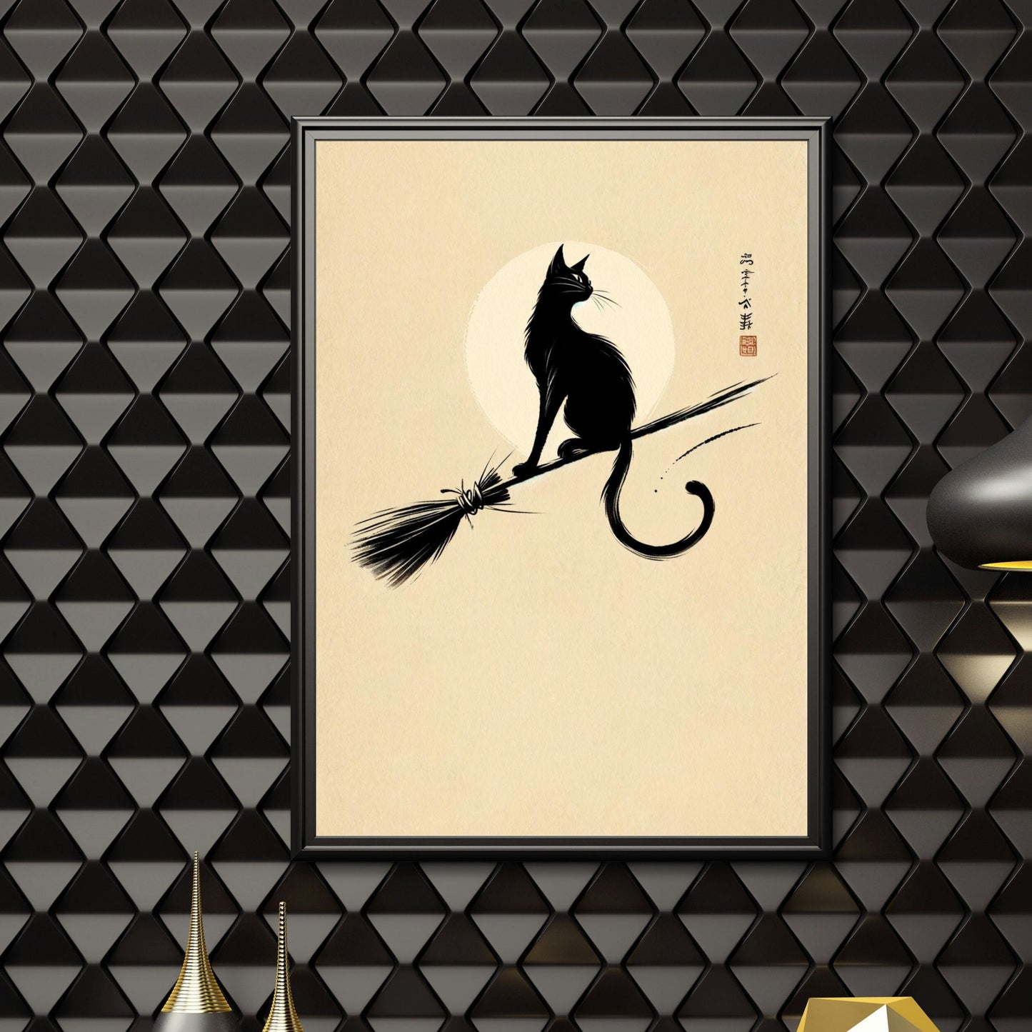 witches black cat on broomstick, Japanese art, style of Matsumoto Hoji, Wabi Sabi Decor, Animal Art, Various Sizes, Zen Decor, Cat Painting