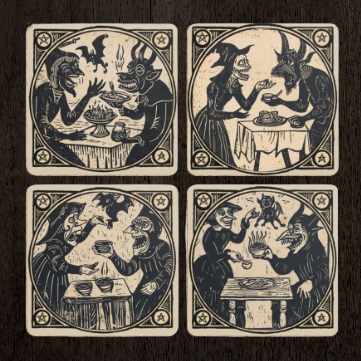 Woodcut Witch Coasters: Occult Pagan Drink Mats (Pack of 4)