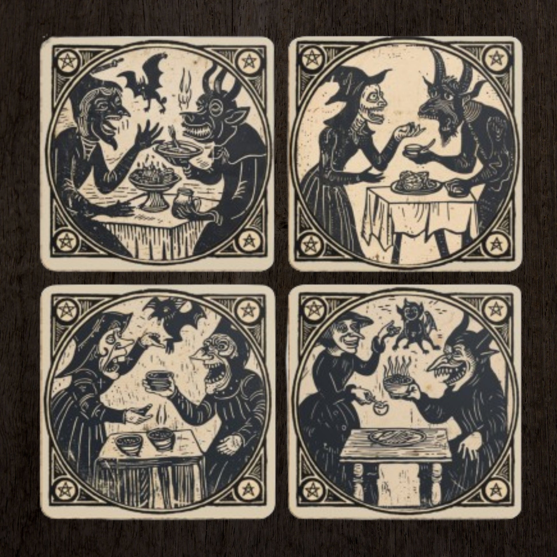 Woodcut Witch Coasters: Occult Pagan Drink Mats (Pack of 4)