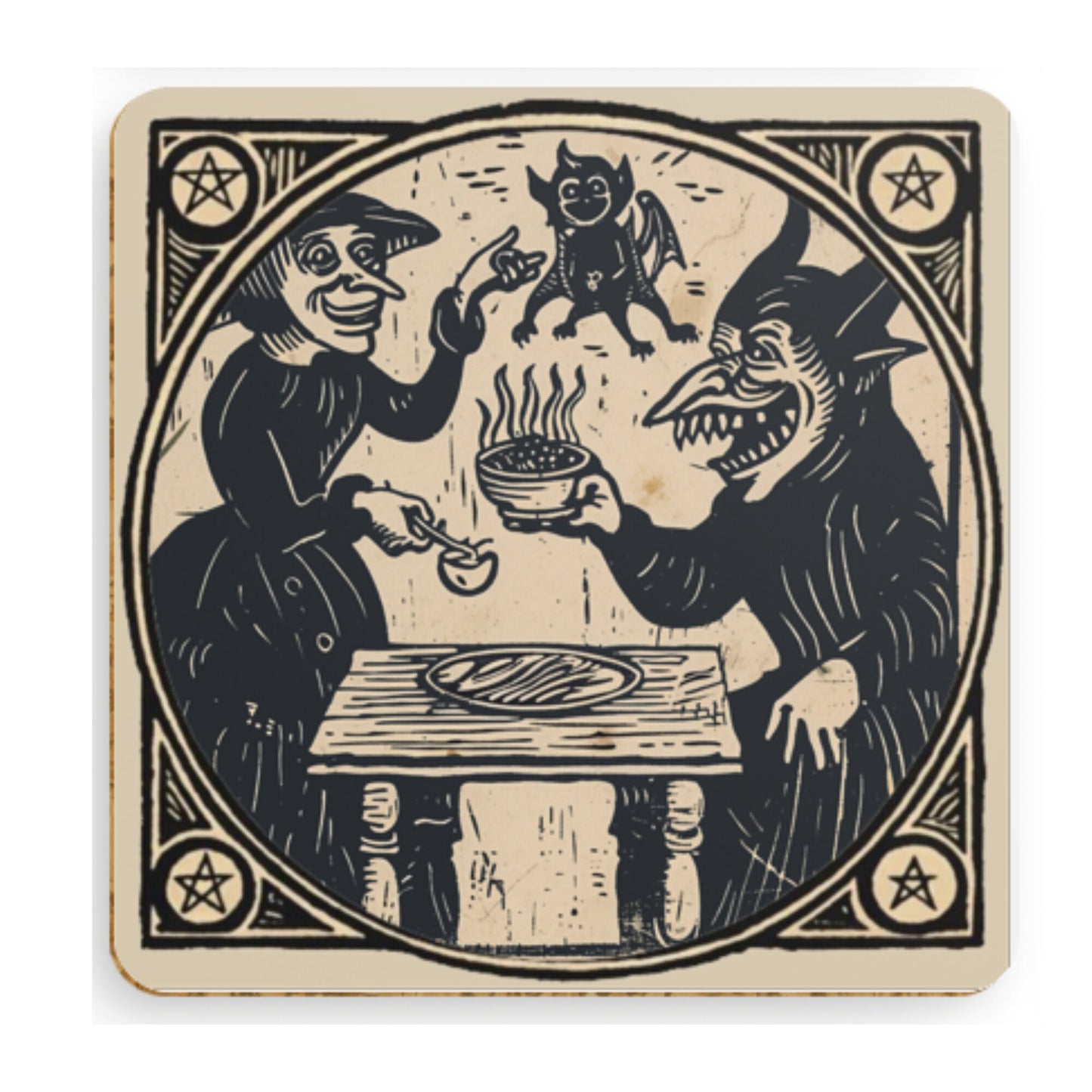 Woodcut Witch Coasters: Occult Pagan Drink Mats (Pack of 4)