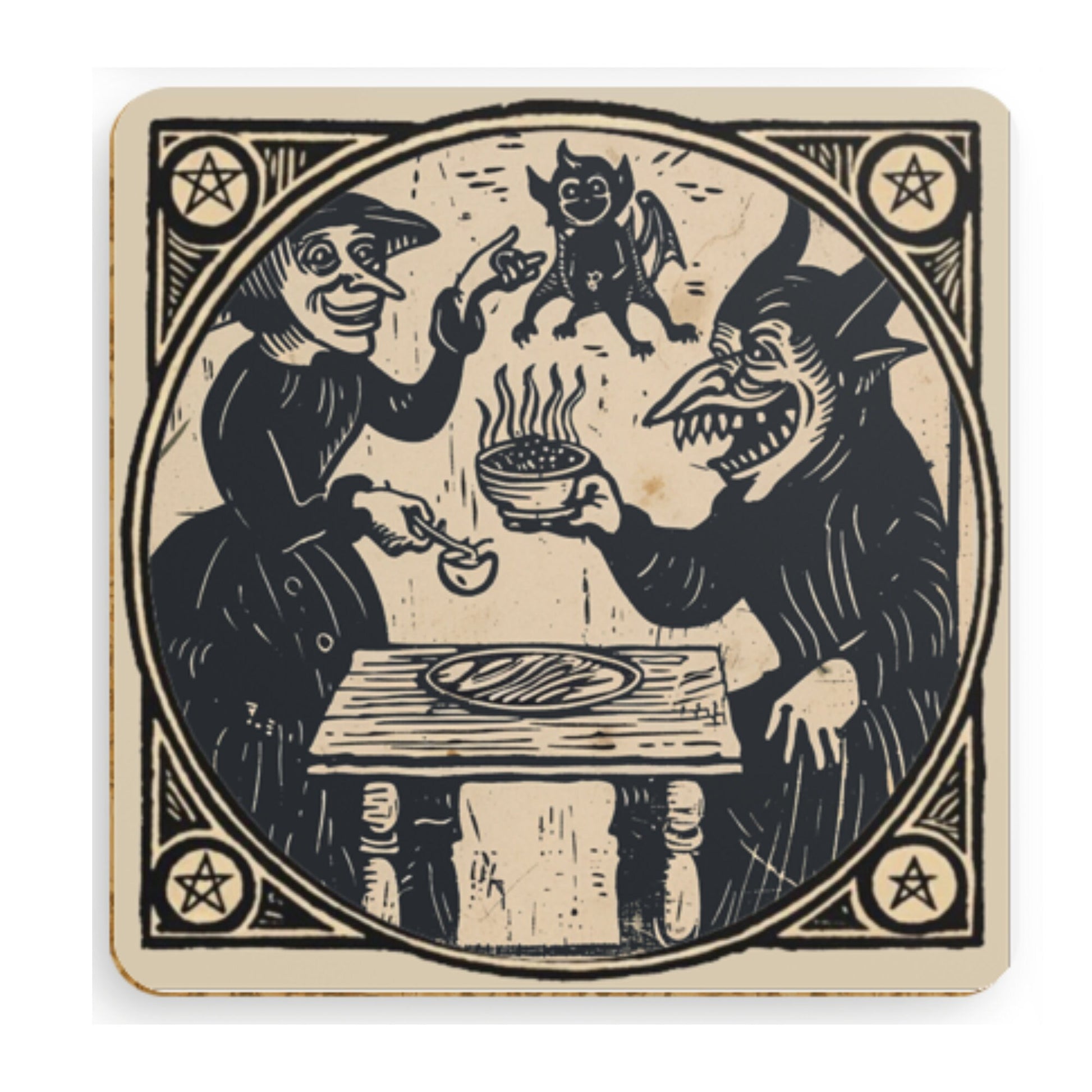 Woodcut Witch Coasters: Occult Pagan Drink Mats (Pack of 4)