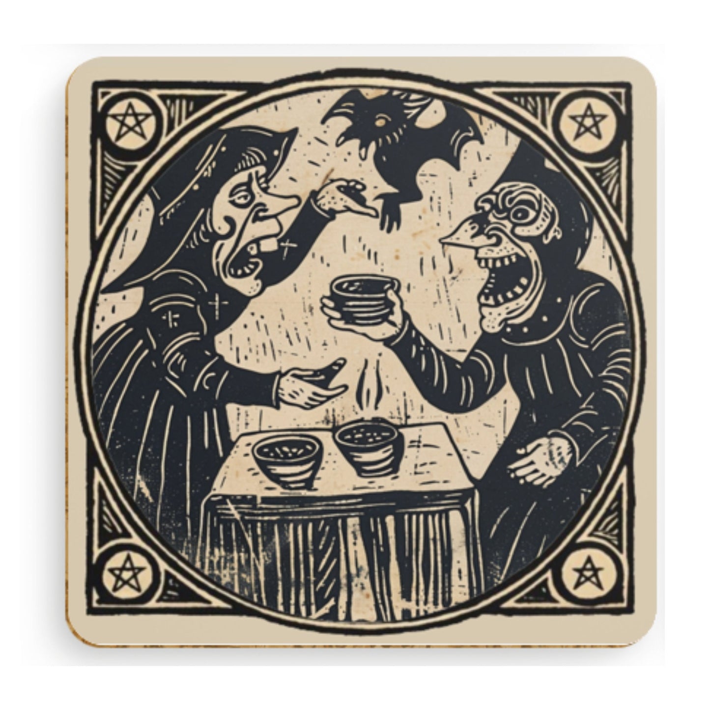 Woodcut Witch Coasters: Occult Pagan Drink Mats (Pack of 4)