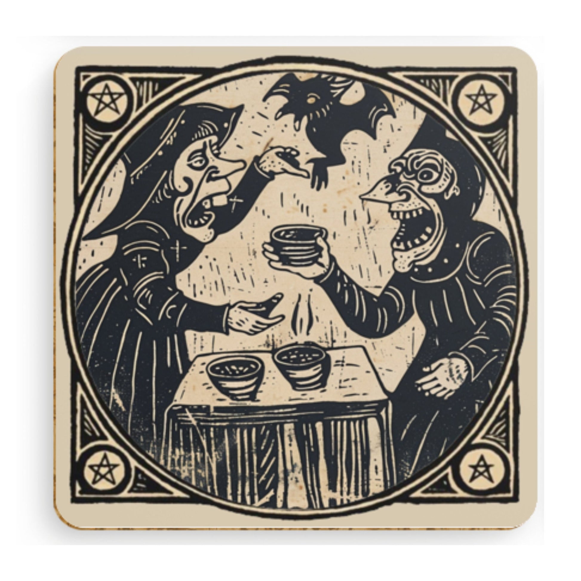 Woodcut Witch Coasters: Occult Pagan Drink Mats (Pack of 4)