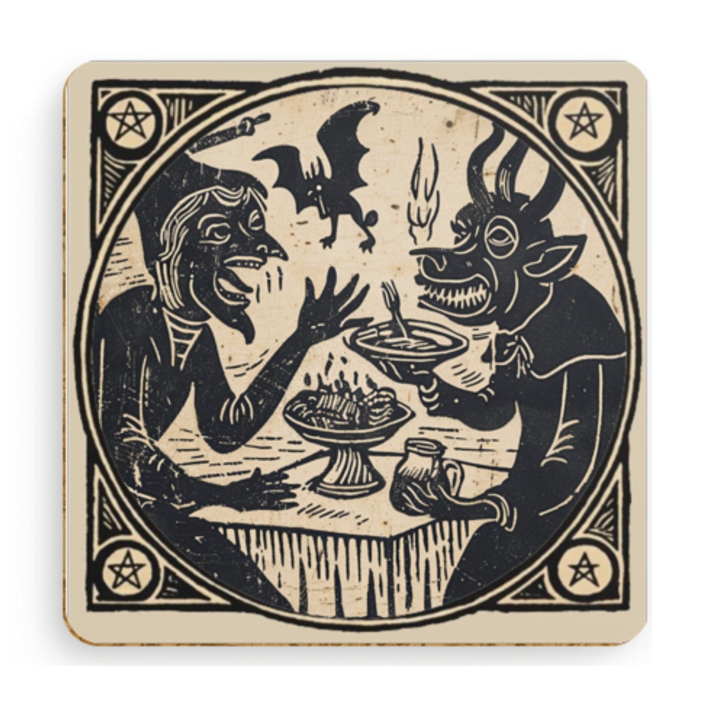 Woodcut Witch Coasters: Occult Pagan Drink Mats (Pack of 4)