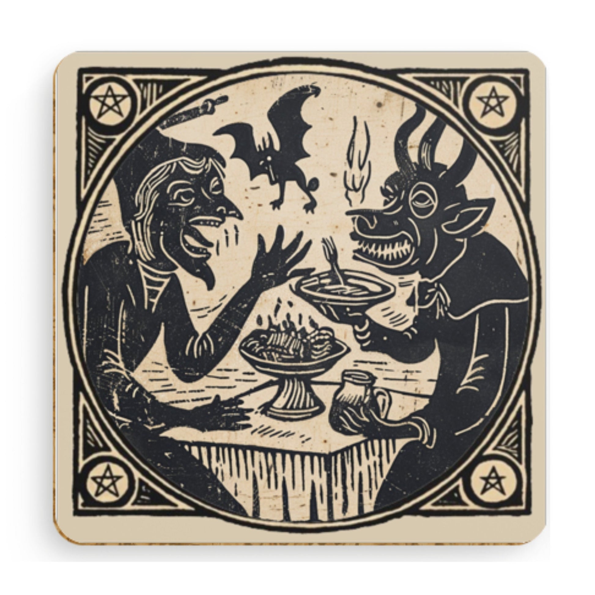 Woodcut Witch Coasters: Occult Pagan Drink Mats (Pack of 4)