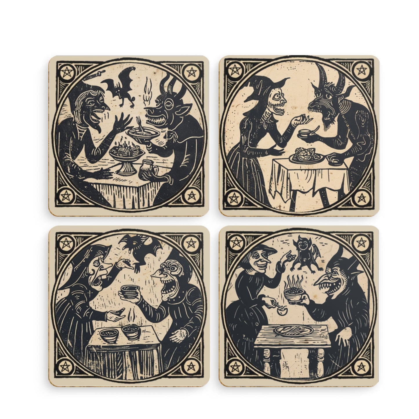 Woodcut Witch Coasters: Occult Pagan Drink Mats (Pack of 4)