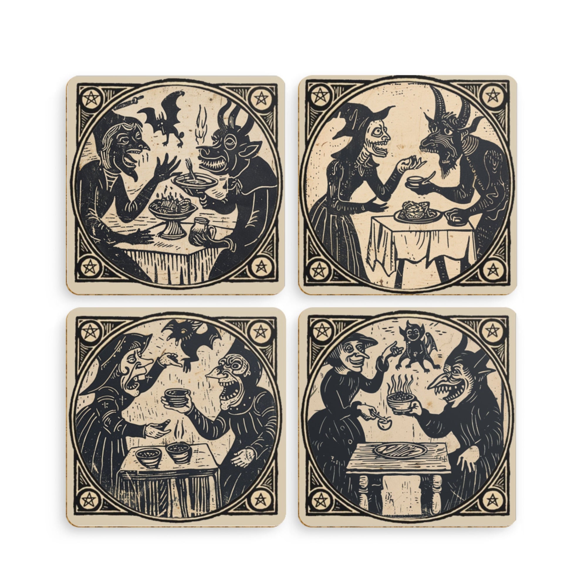 Woodcut Witch Coasters: Occult Pagan Drink Mats (Pack of 4)