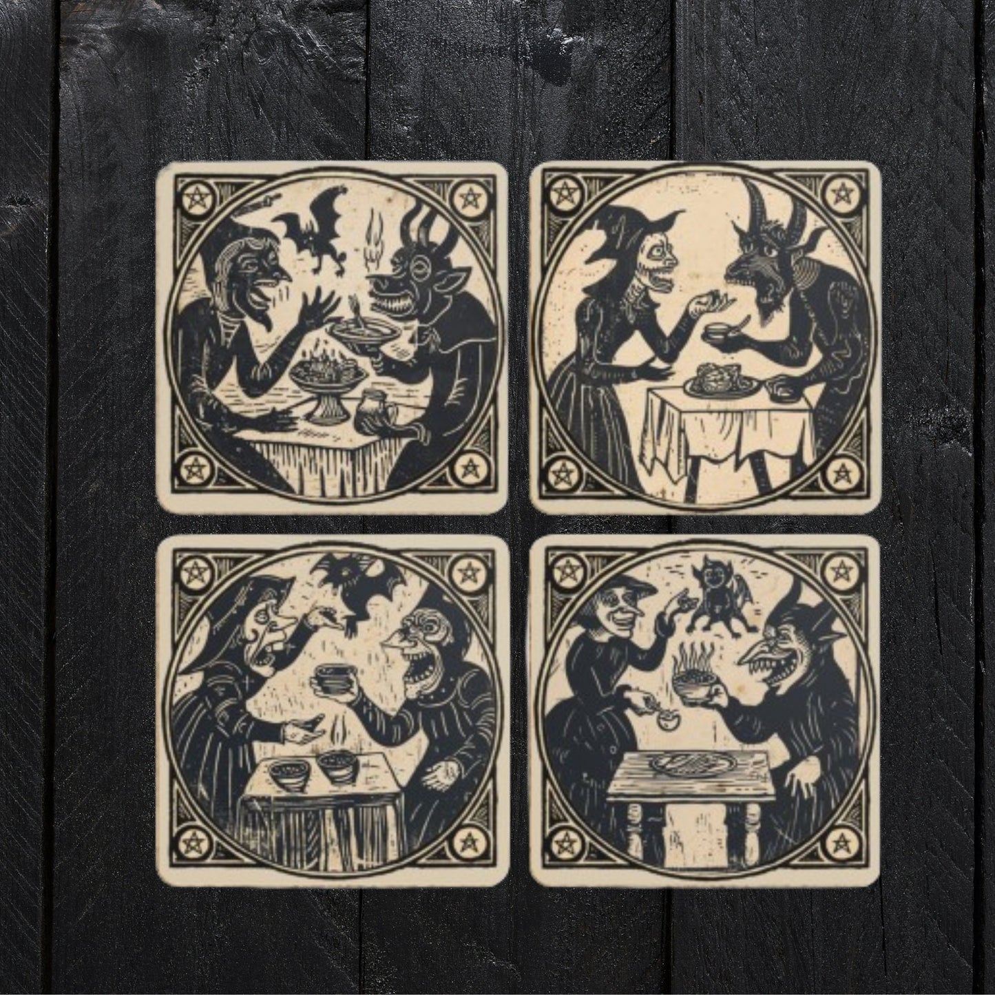 primitive, naive woodcuts of witches and the Devil printed on coasters, dinks mats. Four different designs.