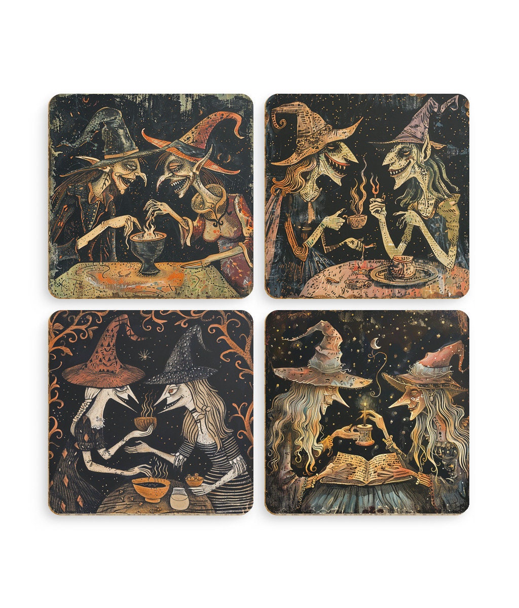 Witch Art Coasters: Folk Horror Pagan Decor, Set of 4