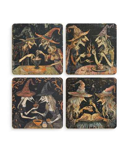 Witch Art Coasters: Folk Horror Pagan Decor, Set of 4