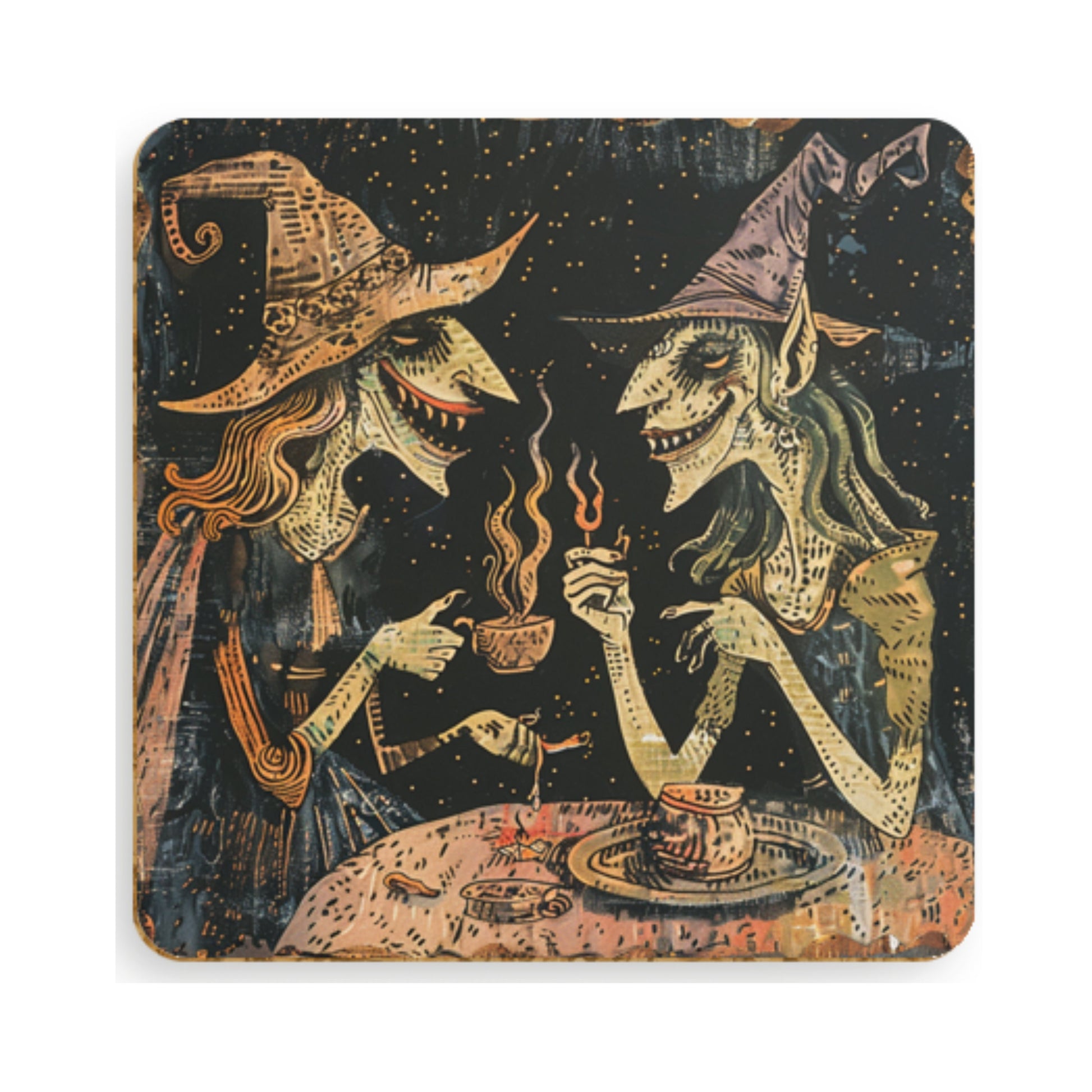 Witch Art Coasters: Folk Horror Pagan Decor, Set of 4