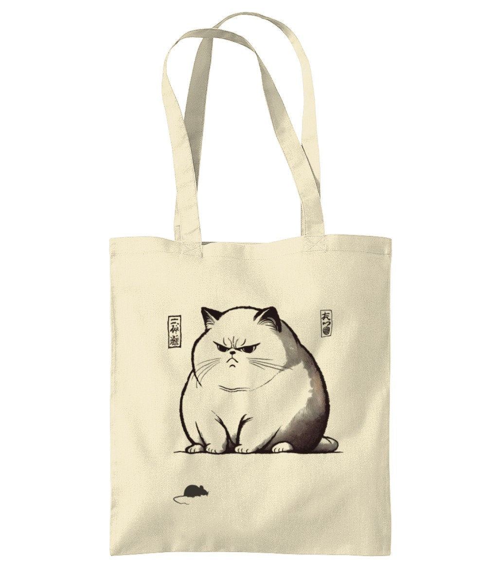 Japanese Cat Tote Bag: Unimpressed Cat & Mouse Design