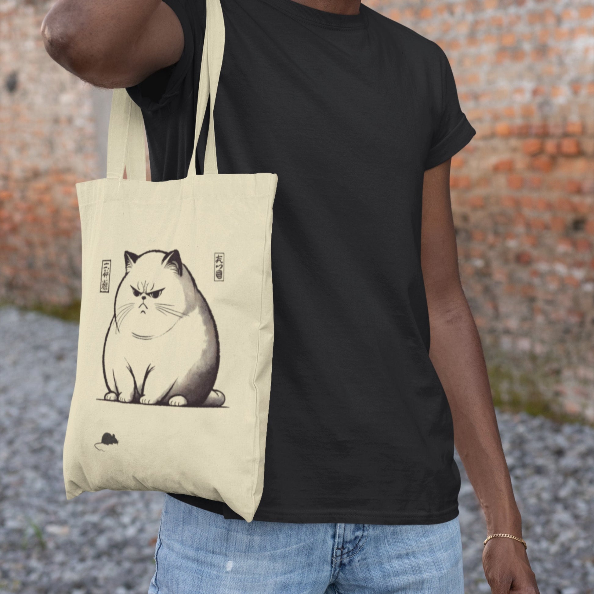 Japanese Cat Tote Bag: Unimpressed Cat & Mouse Design