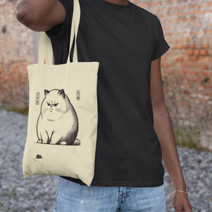 Japanese Cat Tote Bag: Unimpressed Cat & Mouse Design