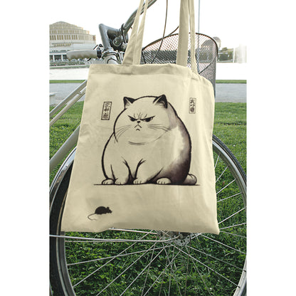 Japanese Cat Tote Bag: Unimpressed Cat & Mouse Design