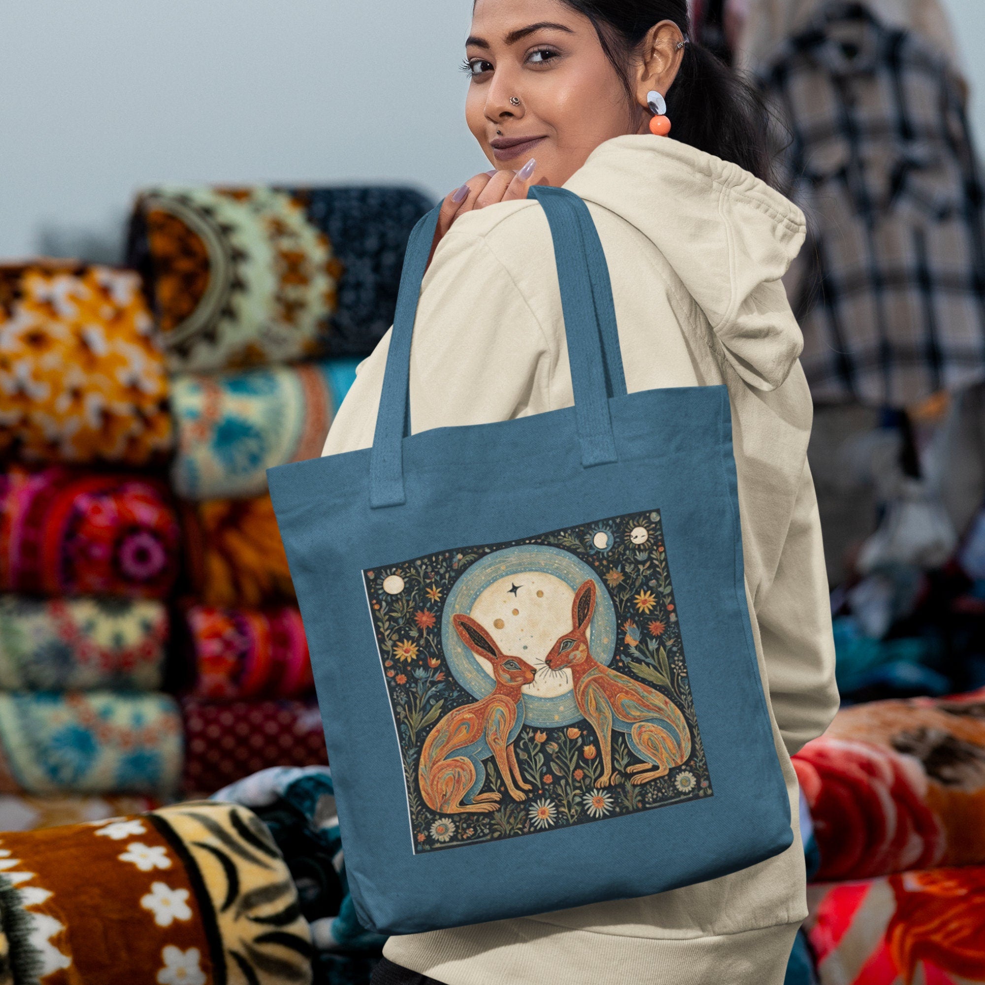 Moongazing Hares Cotton Tote Bag: Spiritual Folk Art