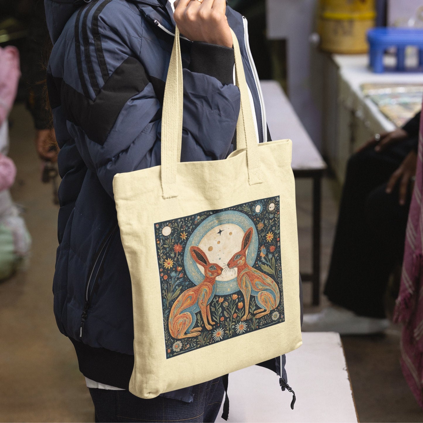 Moongazing Hares Cotton Tote Bag: Spiritual Folk Art