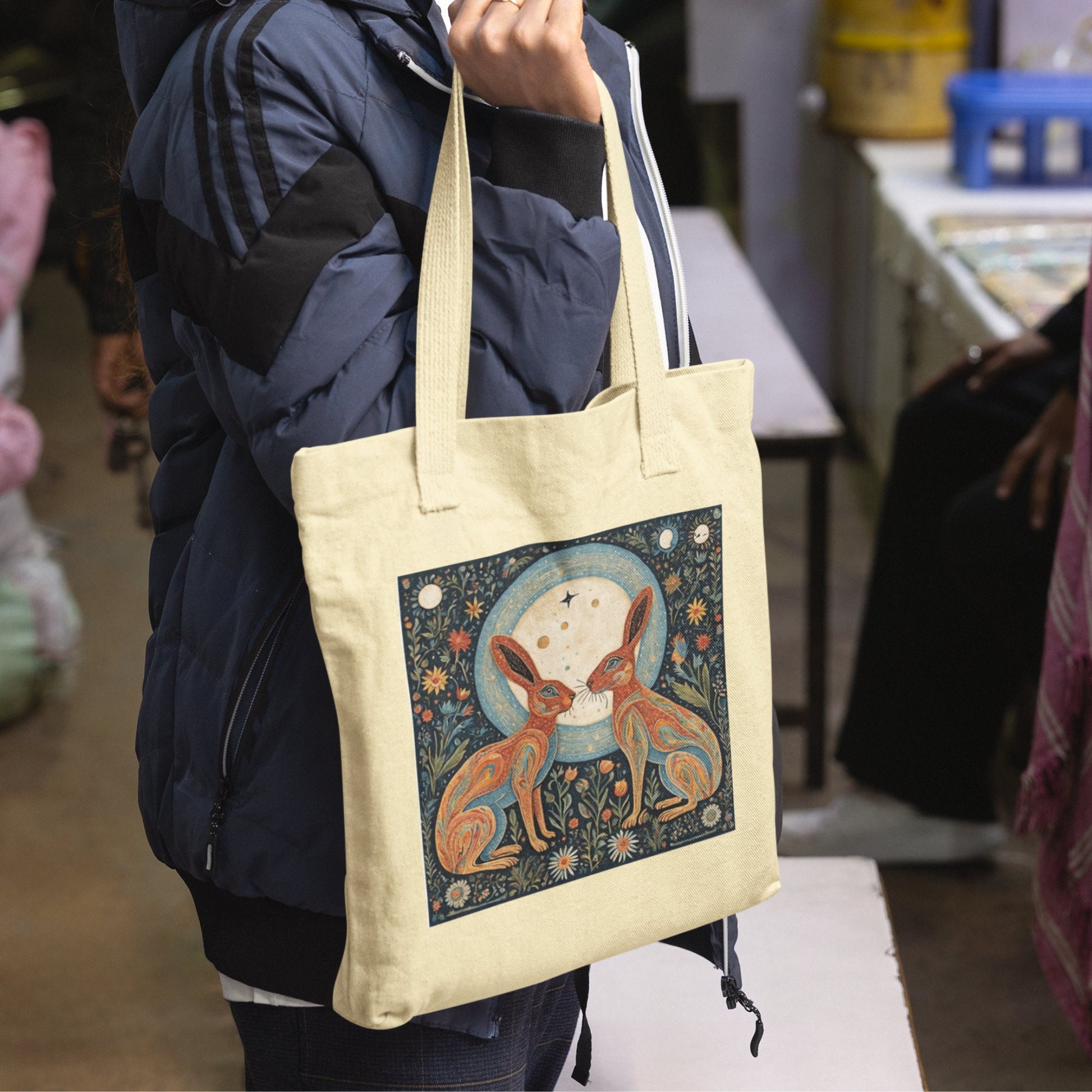 Moongazing Hares Cotton Tote Bag: Spiritual Folk Art