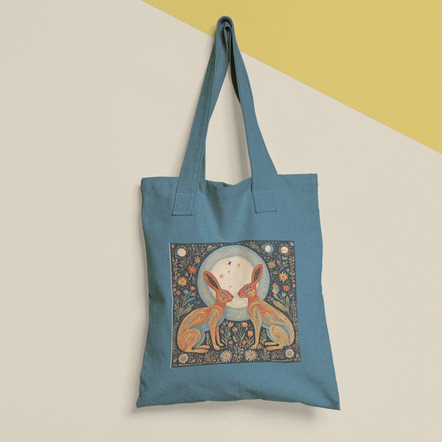 Moongazing Hares Cotton Tote Bag: Spiritual Folk Art