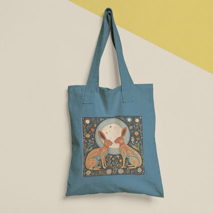 Moongazing Hares Cotton Tote Bag: Spiritual Folk Art