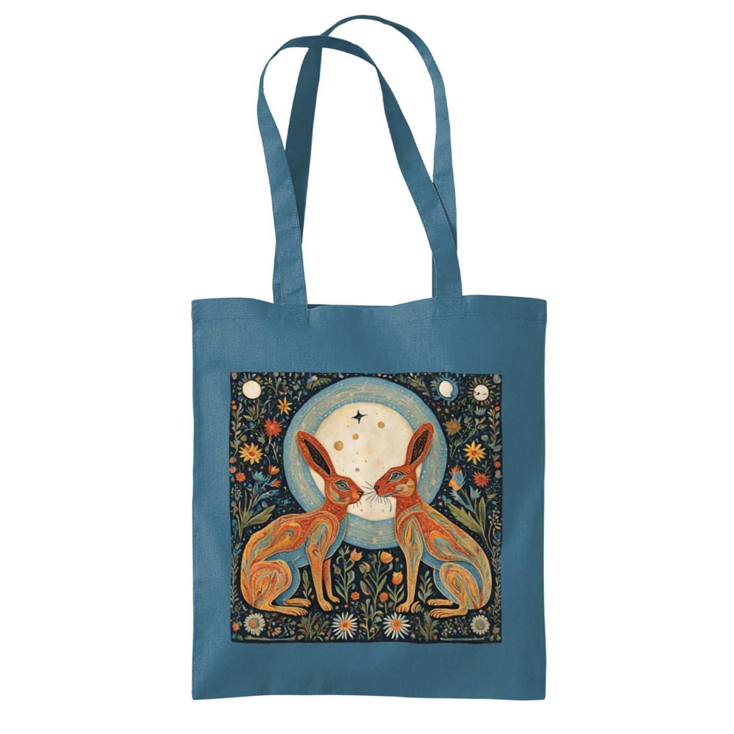 Two Moongazing folk art hares on a cotton tote bag. Beautiful designchoose from airforce blue or natural.