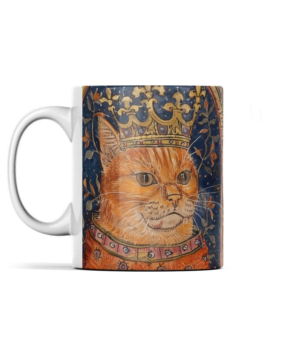 Cat Mug: Medieval Manuscript, Cat with Crown, Borderless Design