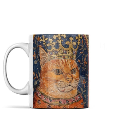 Cat Mug: Medieval Manuscript, Cat with Crown, Borderless Design