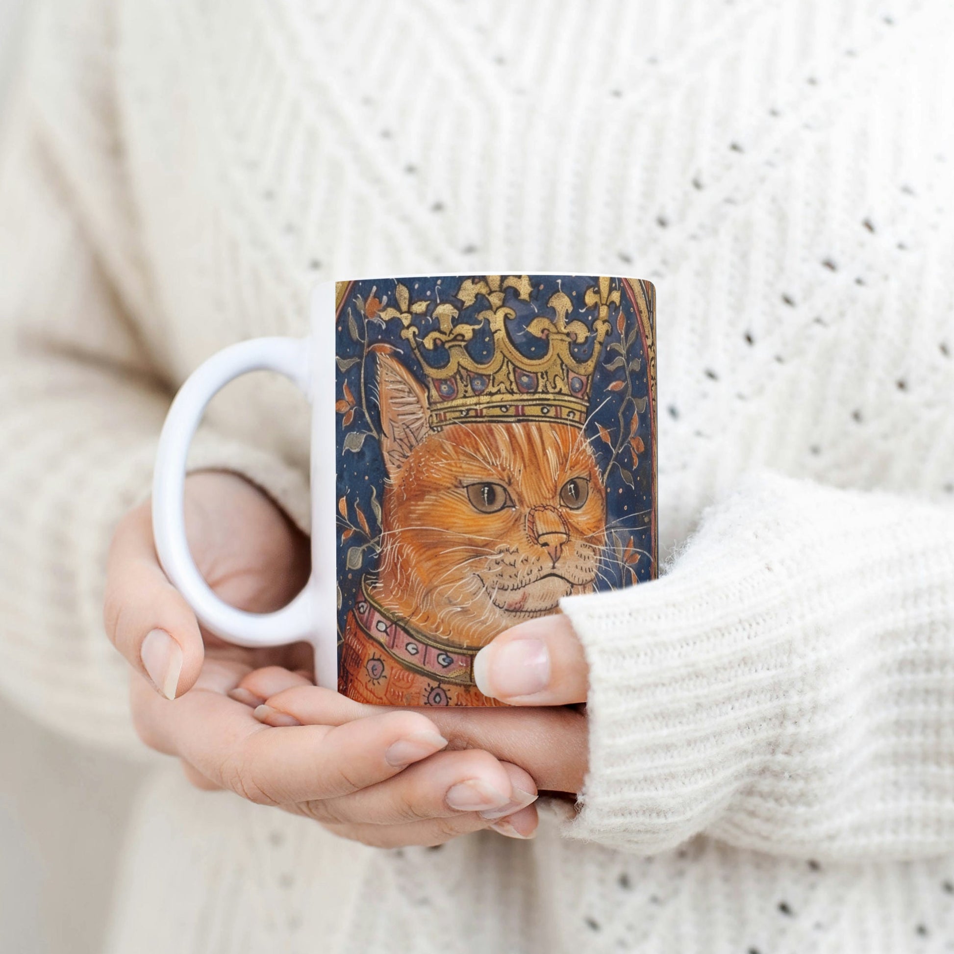 Cat Mug: Medieval Manuscript, Cat with Crown, Borderless Design