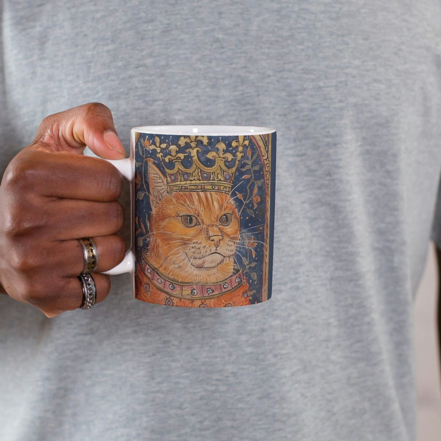 Cat Mug: Medieval Manuscript, Cat with Crown, Borderless Design