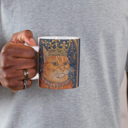 Cat Mug: Medieval Manuscript, Cat with Crown, Borderless Design