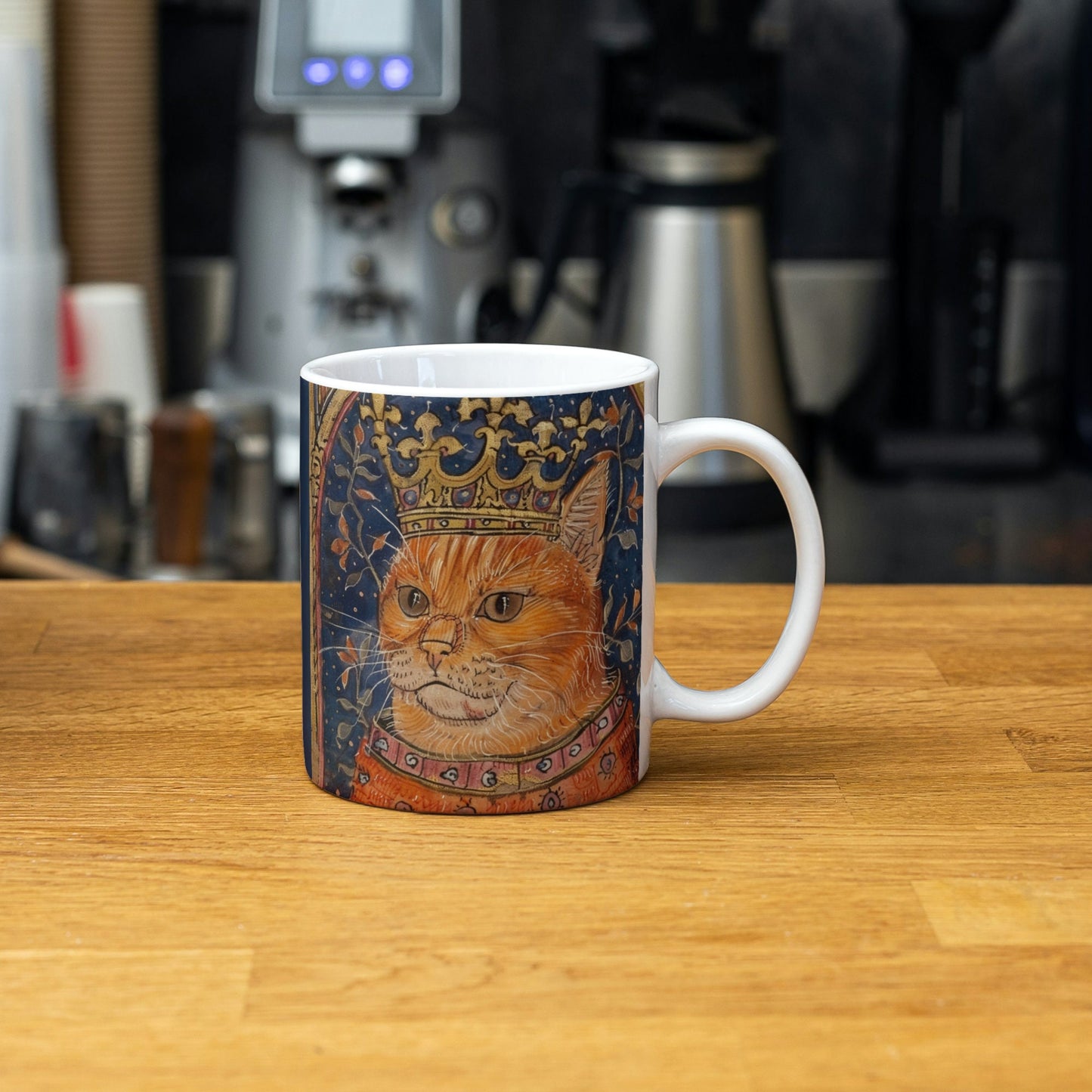 Cat Mug: Medieval Manuscript, Cat with Crown, Borderless Design