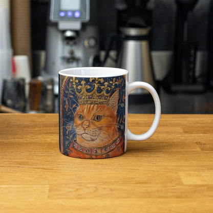 Cat Mug: Medieval Manuscript, Cat with Crown, Borderless Design