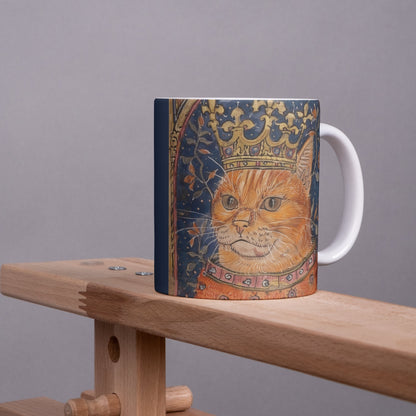 Cat Mug: Medieval Manuscript, Cat with Crown, Borderless Design
