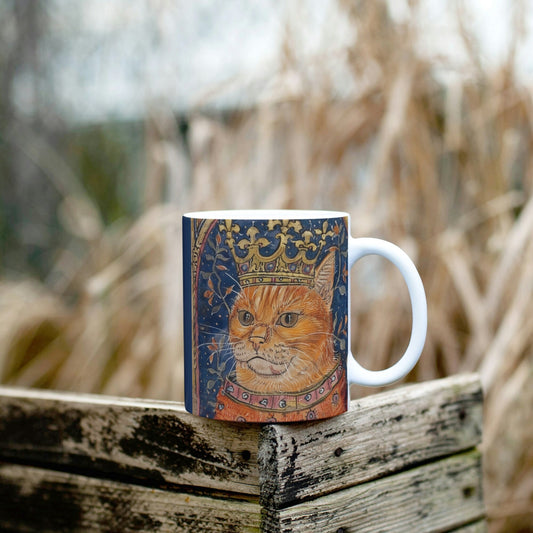 Cat Mug: Medieval Manuscript, Cat with Crown, Borderless Design