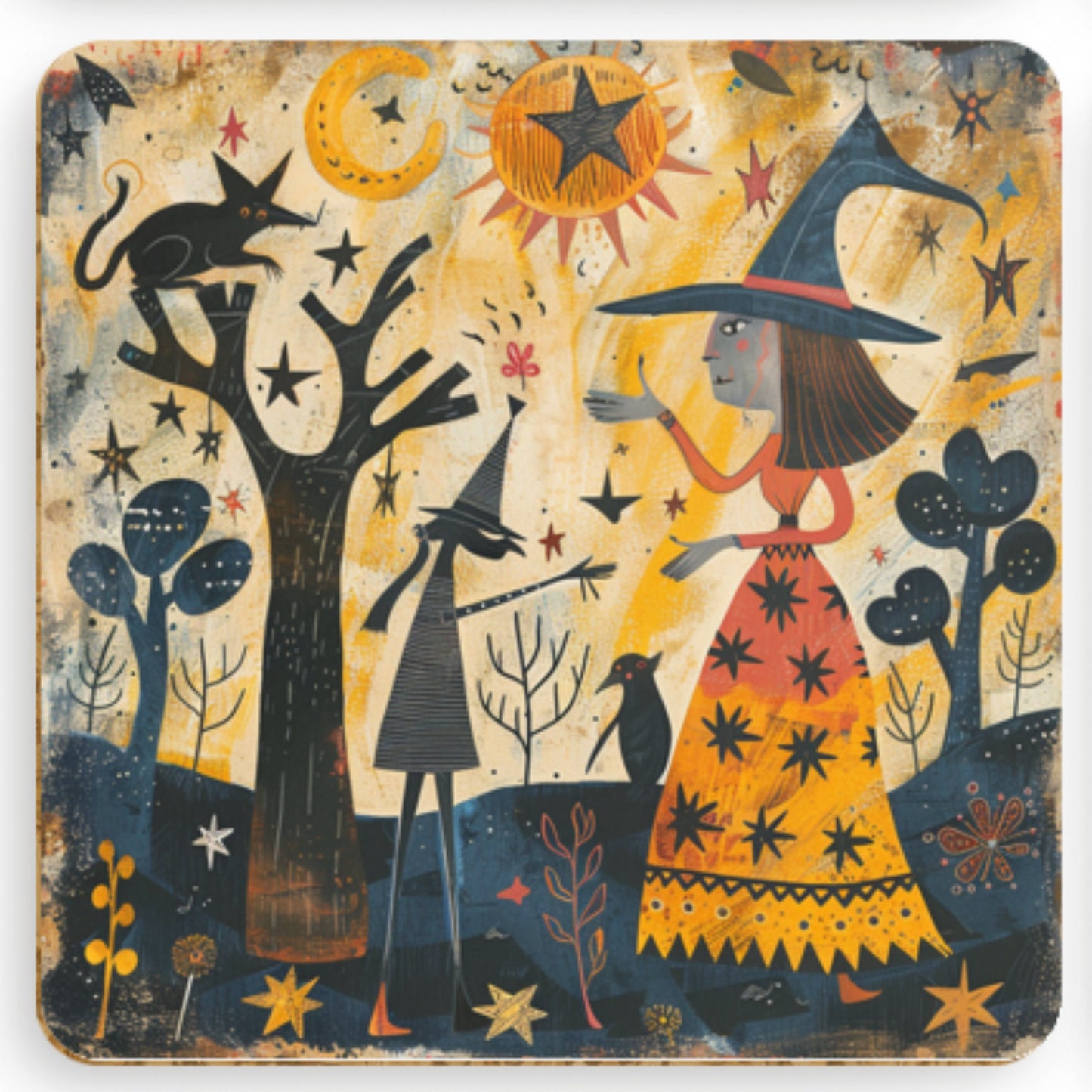 Autumnal witch coaster depicting a witch and a horned creature standing in a forest filled with pine trees and stars, rendered in a rustic folk art style.