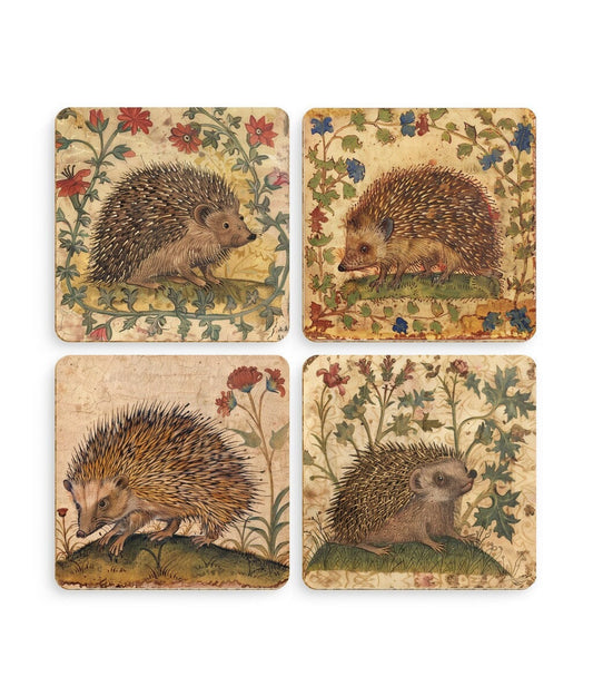 set of four hedgehog design coasters in a illuminated medieval style. Featuring floral and fauna.