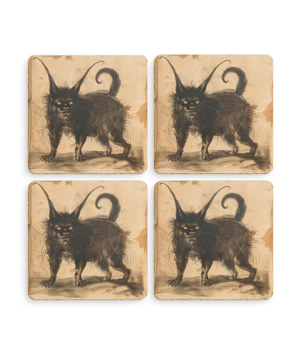 devil cat coasters. set of 4 with dark devil gothic cat.