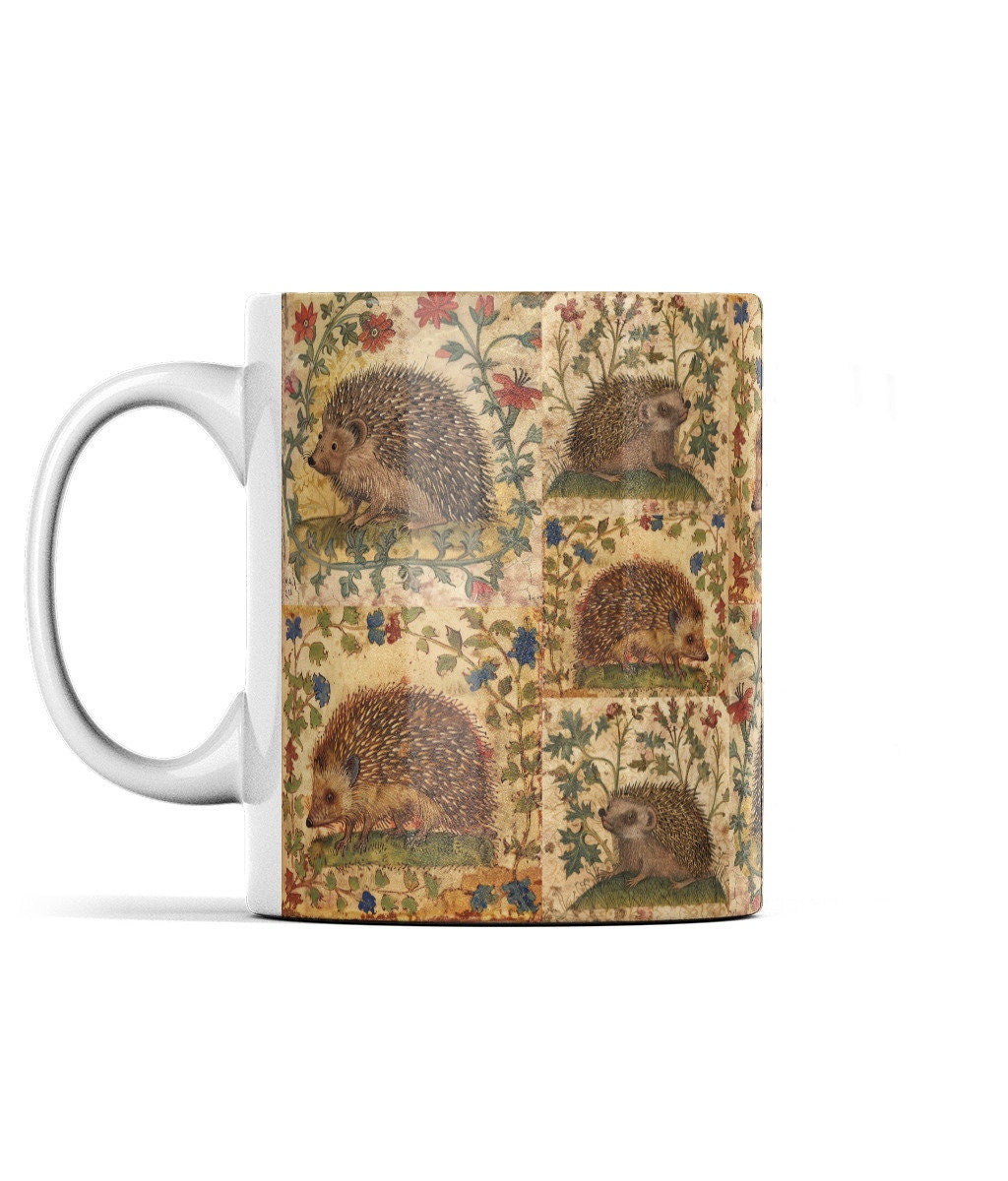 Ornate hedgehog-themed mug with colorful floral illustrations, reminiscent of medieval illuminations,