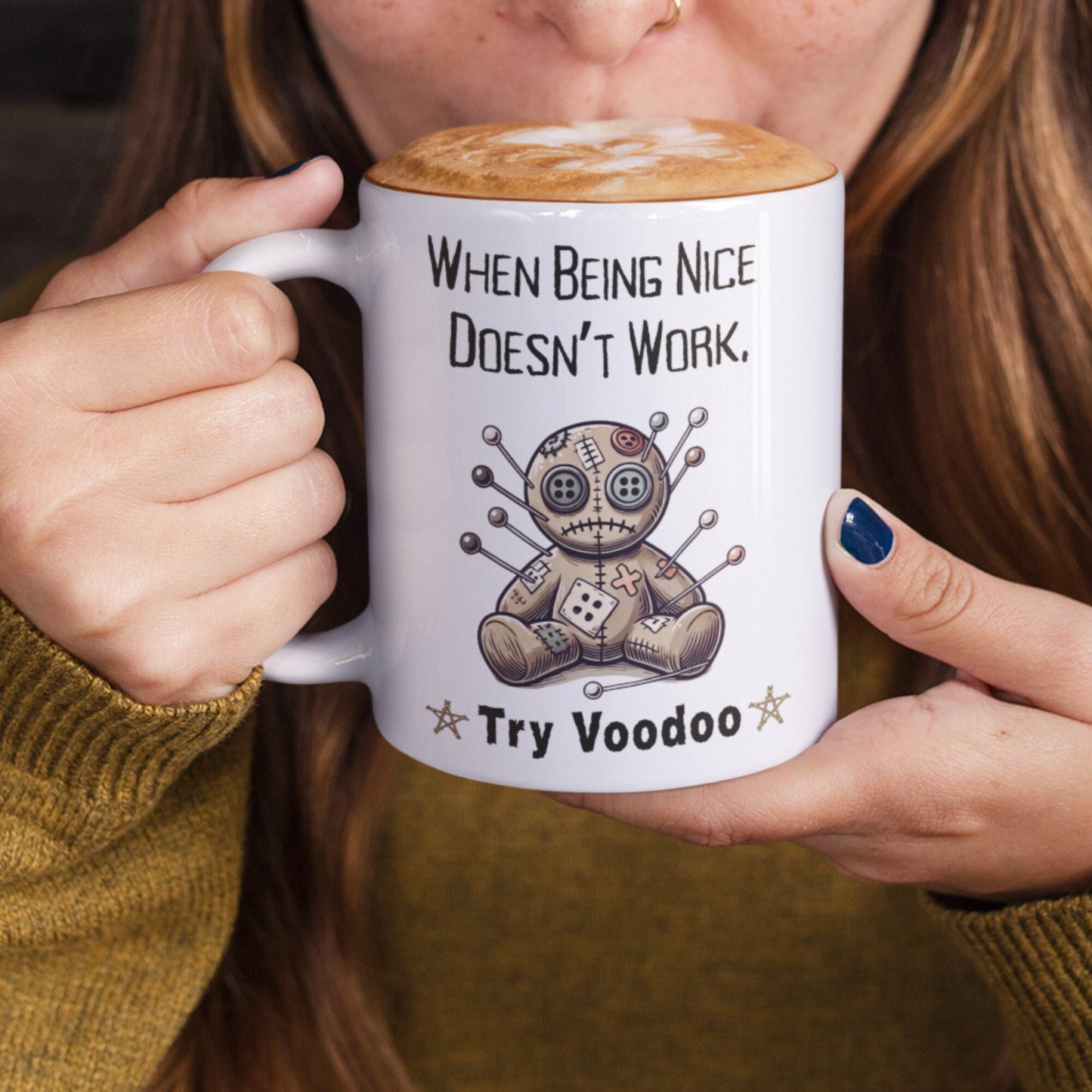 Funny 11oz white ceramic Voodoo Doll Mug —  &#39;When being nice doesn&#39;t work, try Voodoo&#39;. features a whimsically dark design, complete with a voodoo doll with pins and pentacles